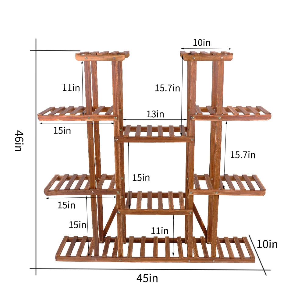 Carbonized Wood 11 Tier Plant Stand Indoor Outdoor Display Shelf