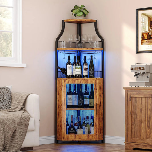 HiMISS Corner Bar Wine Cabinet With LED Light And Rack