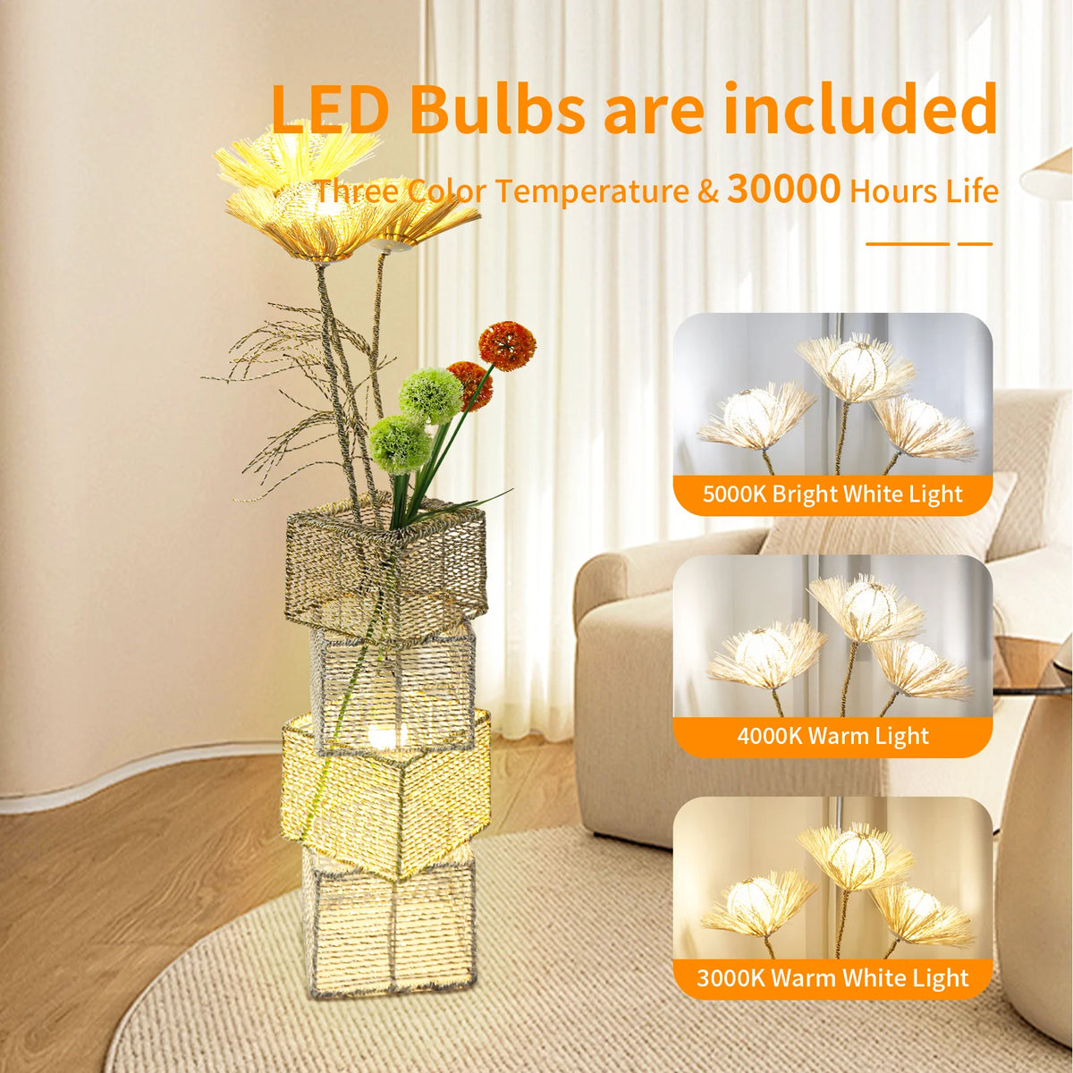 Modern Rattan Standing Floor Lamp Featuring Dimmable LED Flower Design