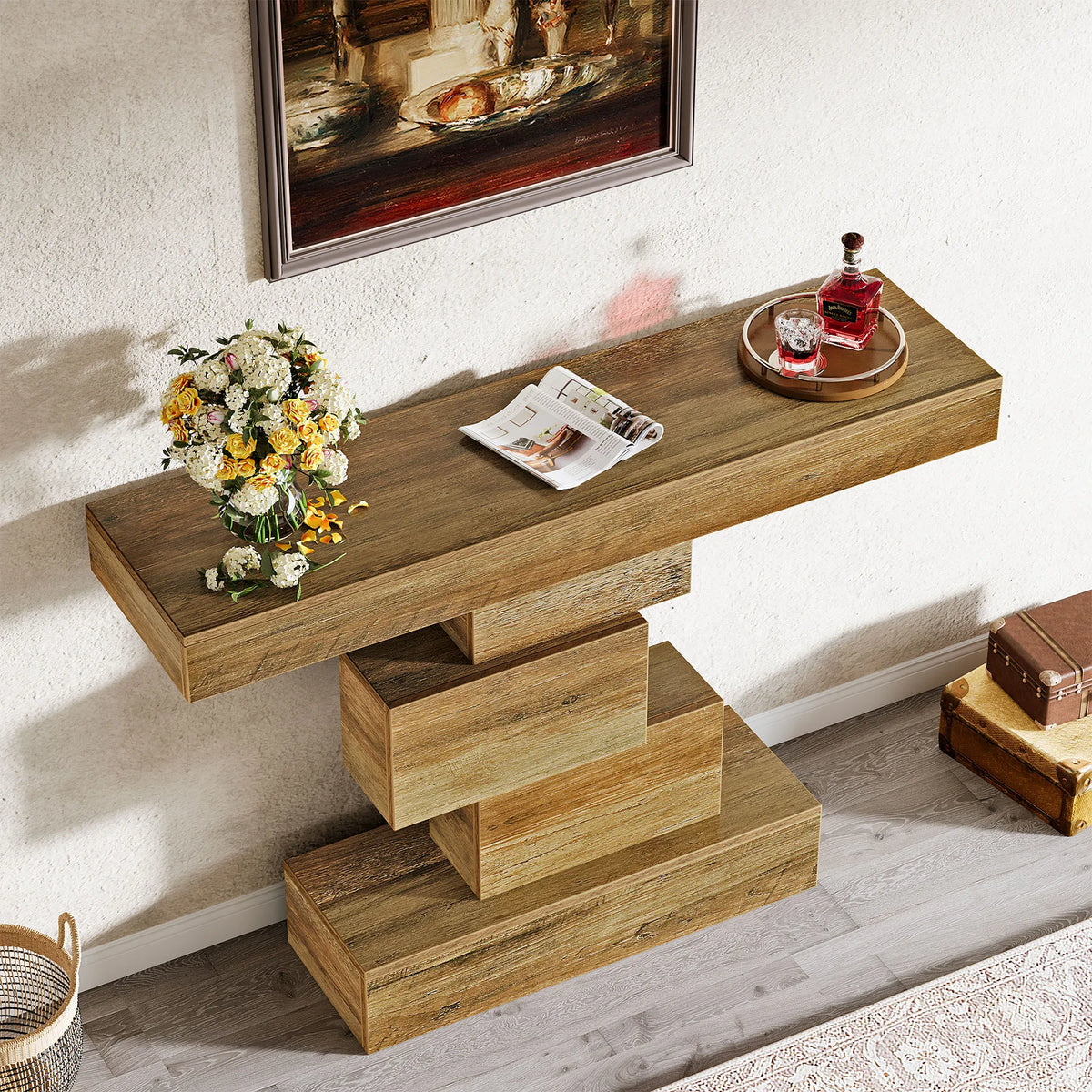 Tribesigns Farmhouse Console Table With Geometric Wooden Base
