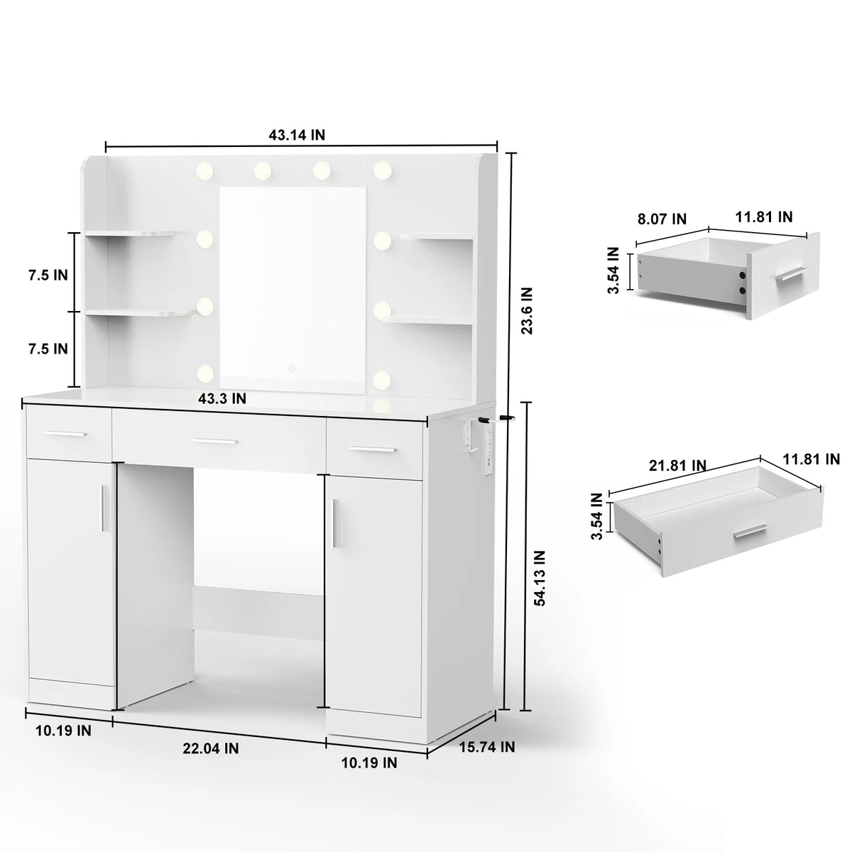 JHK Modern Vanity Desk With Lighted Mirror And Storage Drawers