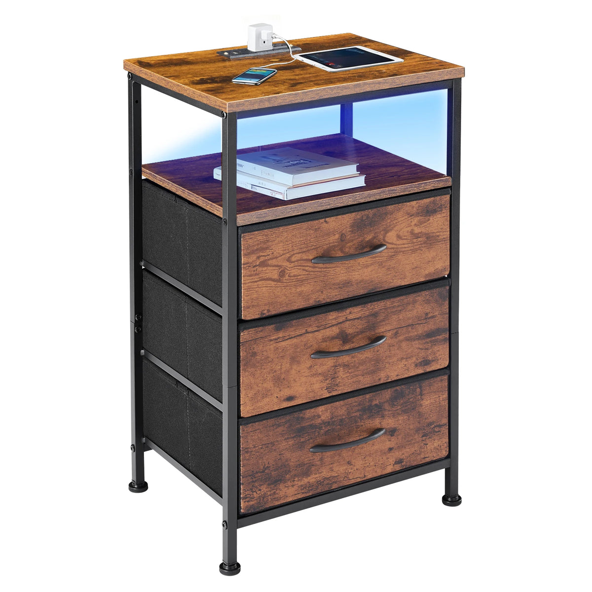 JHK Modern 3 Drawer Bedside Table With USB Charging Station