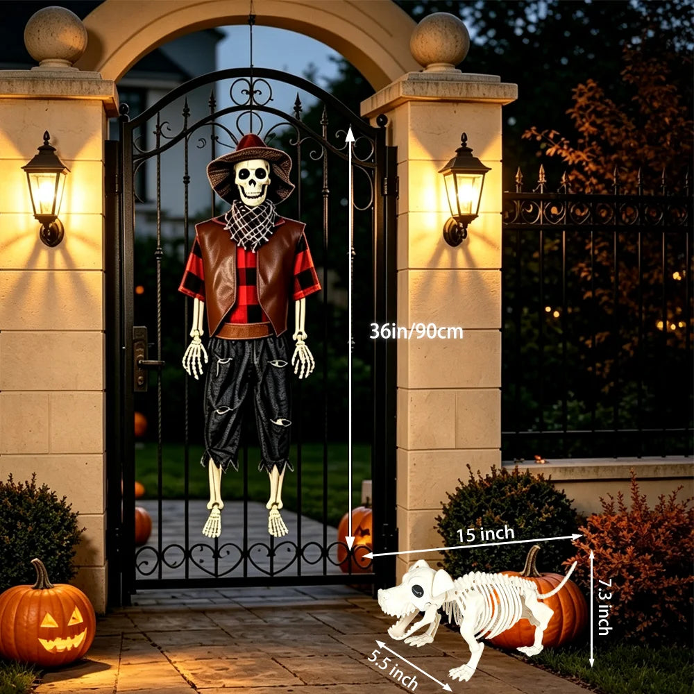 Halloween Cowboy Skeleton and Dog Posable Outdoor Decorations