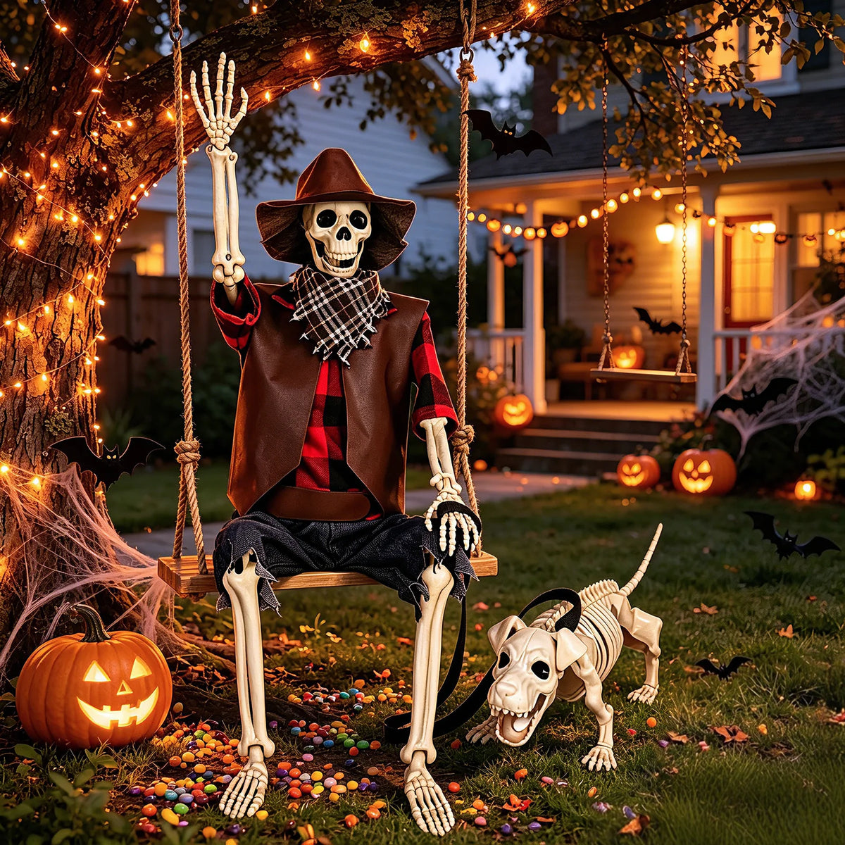Halloween Cowboy Skeleton and Dog Posable Outdoor Decorations