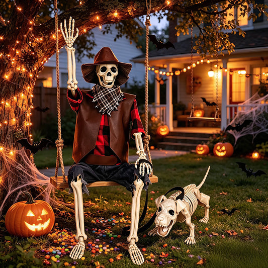 Halloween Cowboy Skeleton and Dog Posable Outdoor Decorations