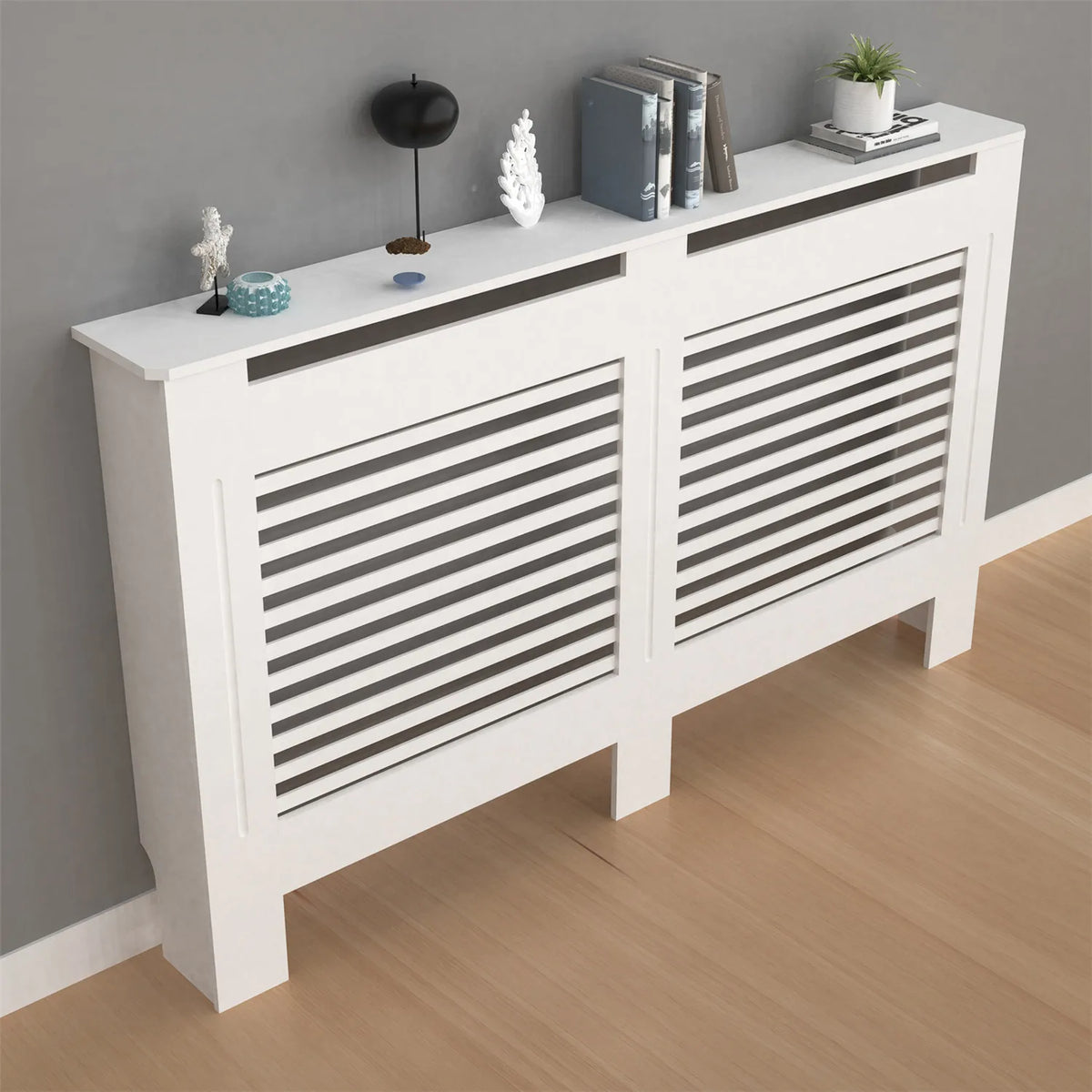 Contemporary Wooden Radiator Cover Featuring Internal Storage Shelving
