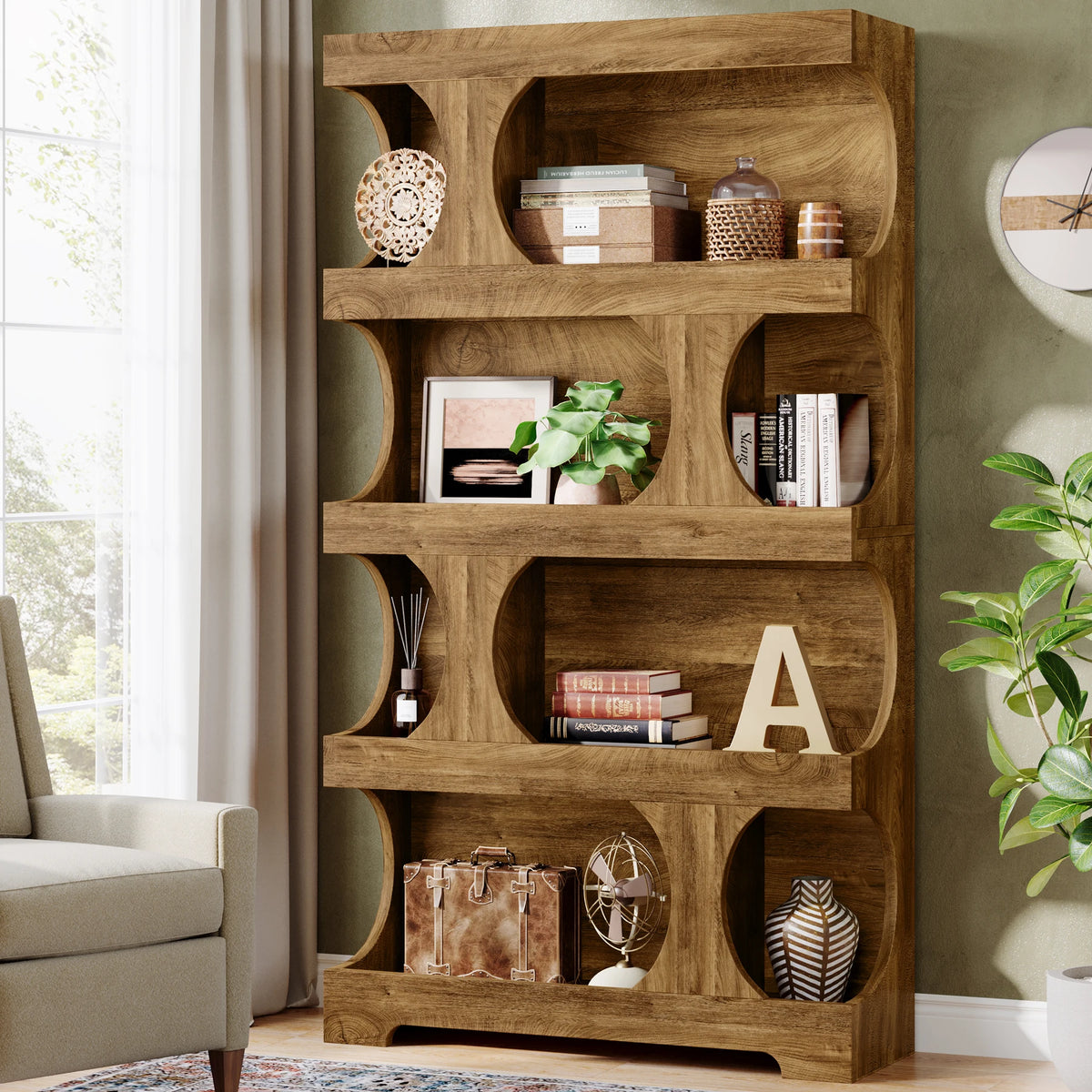 Tribesigns Four Tier S Shaped Wooden Freestanding Bookcase