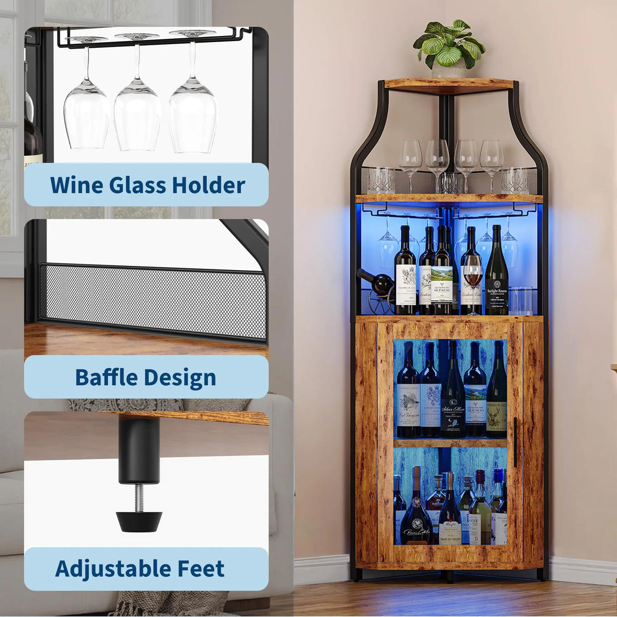 HiMISS Corner Bar Wine Cabinet With LED Light And Rack