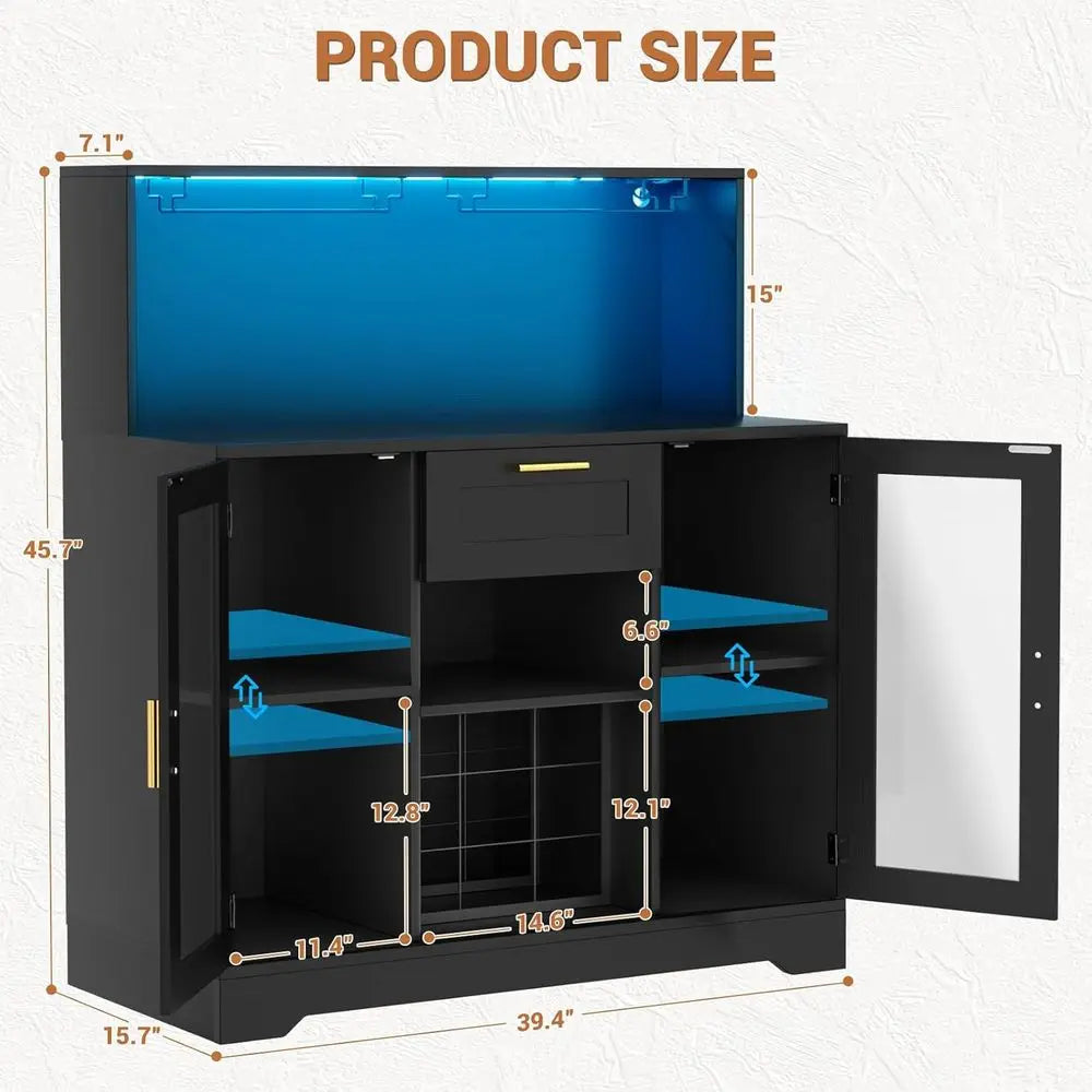 LED Wine Bar Cabinet With Glass Holder And Storage Rack