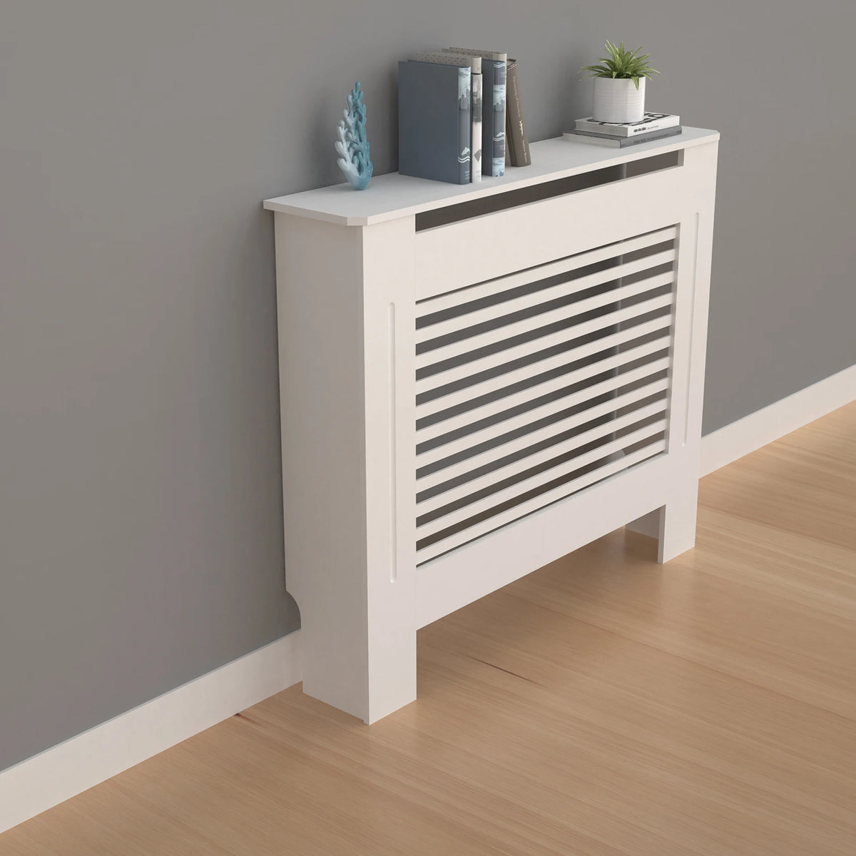Contemporary Wooden Radiator Cover Featuring Internal Storage Shelving