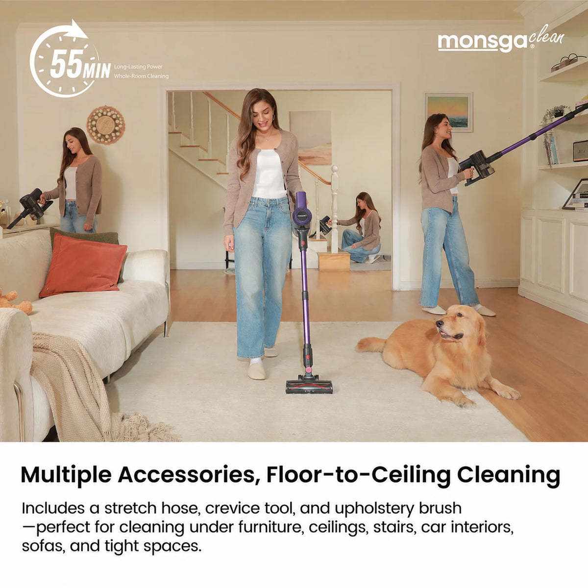 Monsga Cordless Stick Vacuum Cleaner Anti Tangle Brush HEPA Filter