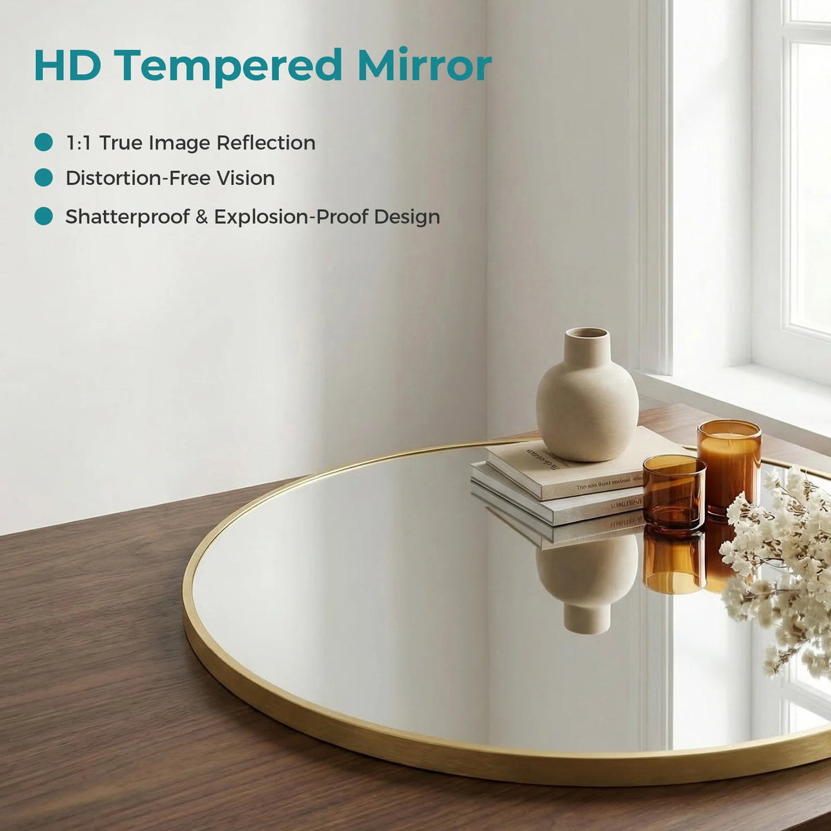 JHK Round Wall Mirror Tempered Glass Waterproof Decorative Design