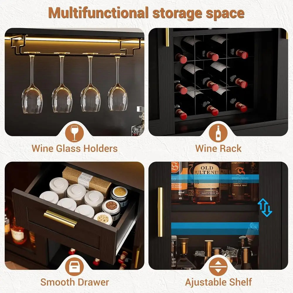 LED Wine Bar Cabinet With Glass Holder And Storage Rack