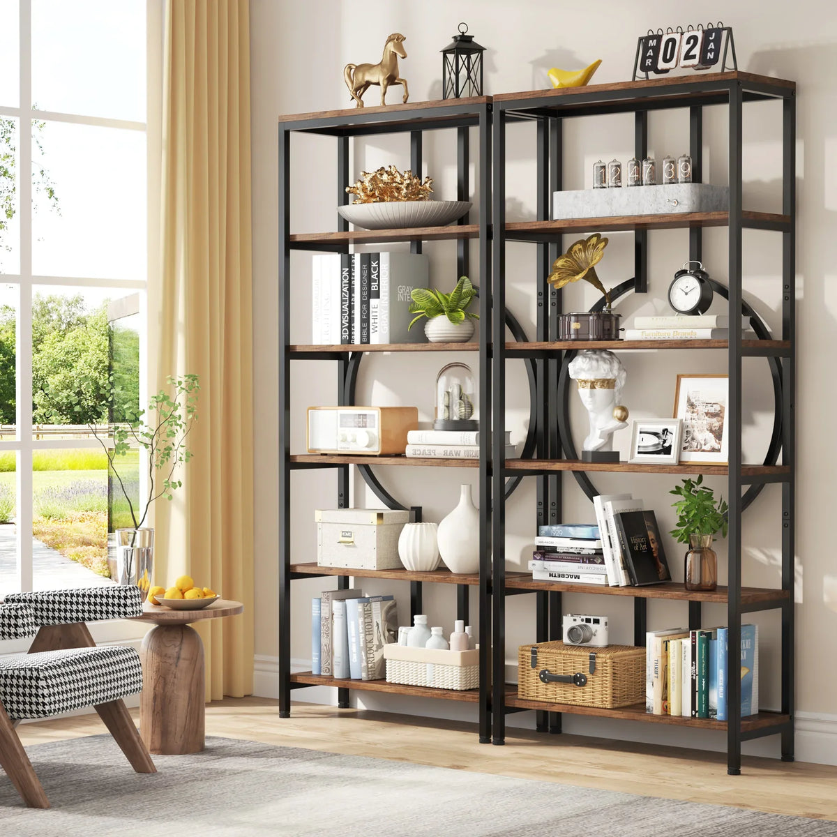 Tribesigns Industrial Library Bookcase With Metal Frame And Wood Shelves