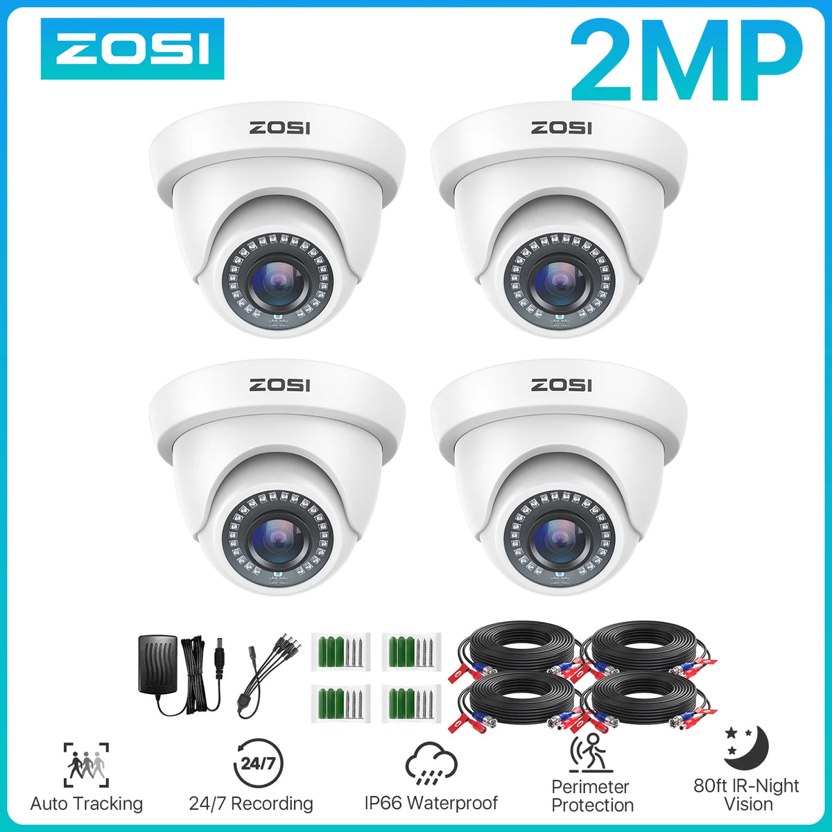 ZOSI 4 Pack 2.0MP Dome Camera Kit 1080P CCTV Surveillance
