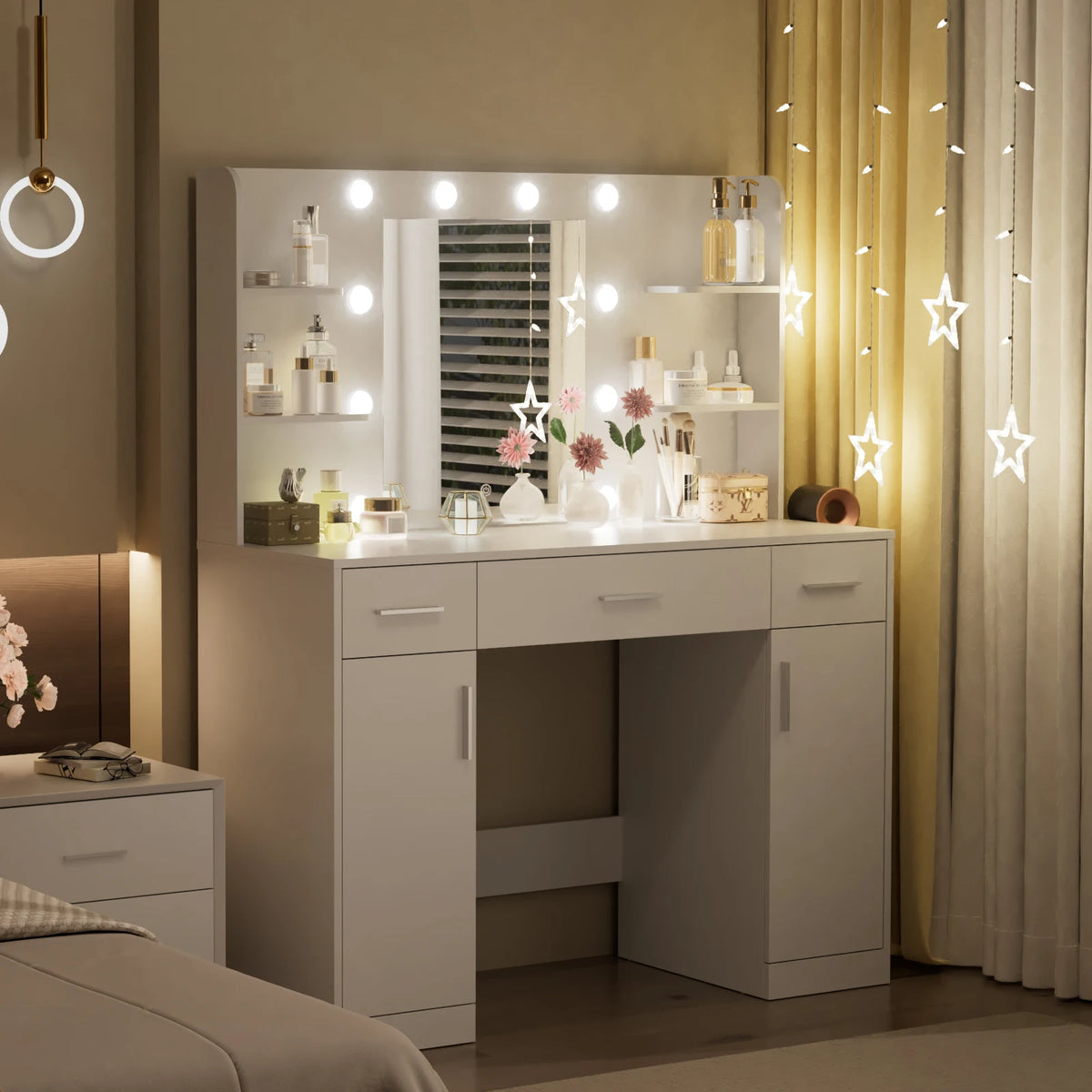 JHK Modern Vanity Desk With Lighted Mirror And Storage Drawers