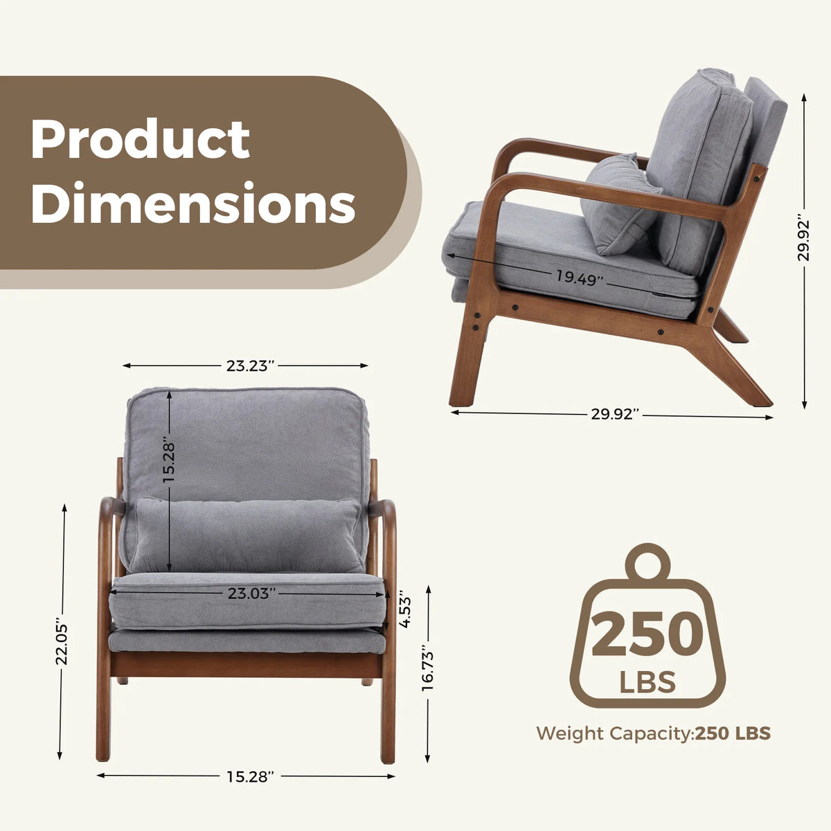 JHK Mid Century Modern Wooden Accent Chair With Fabric Cushions