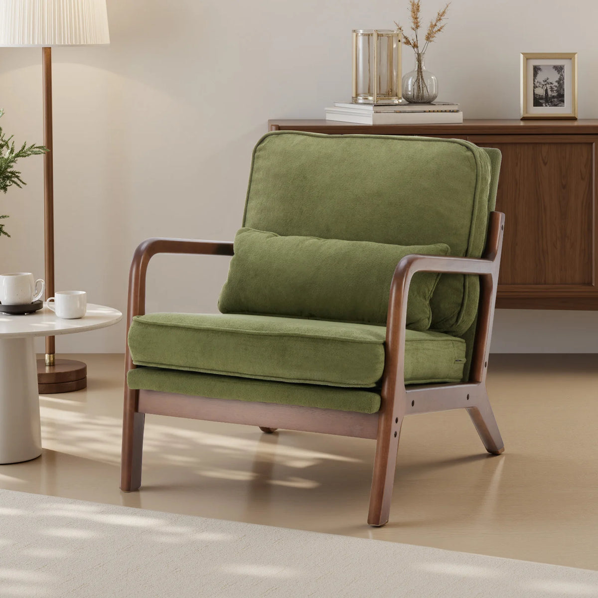 JHK Mid Century Modern Wooden Accent Chair With Fabric Cushions