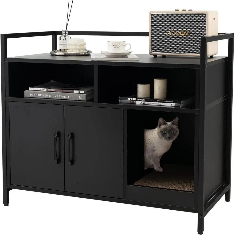 Compact Cat Litter Box Furniture Cabinet With Front Entry Shelf