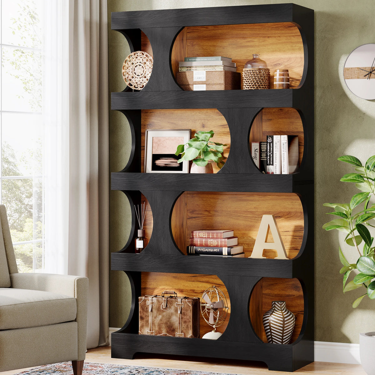 Tribesigns Four Tier S Shaped Wooden Freestanding Bookcase