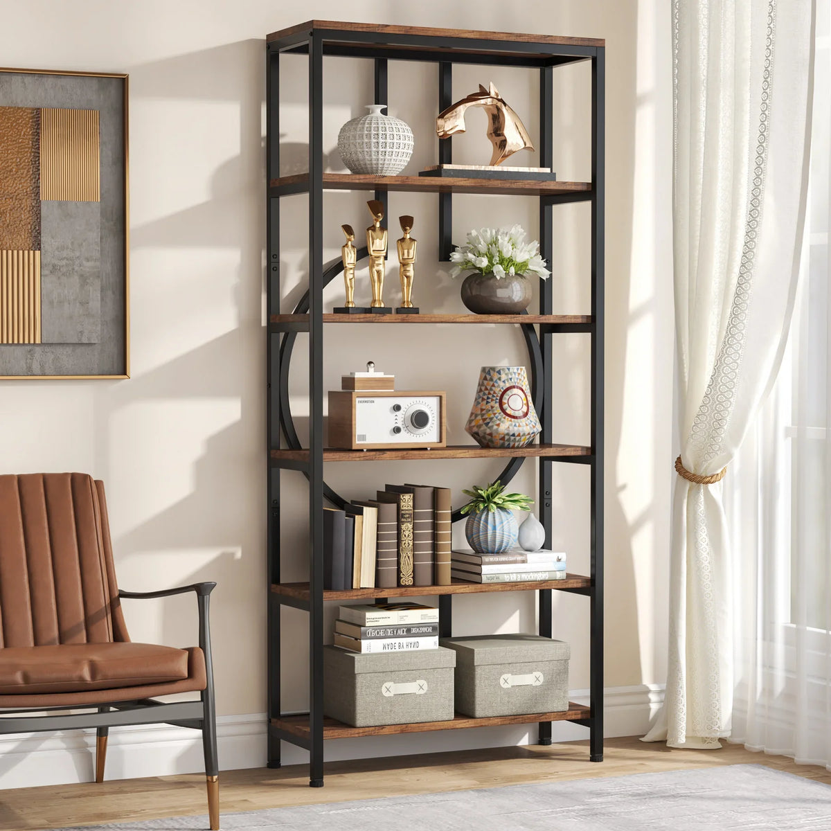 Tribesigns Industrial Library Bookcase With Metal Frame And Wood Shelves