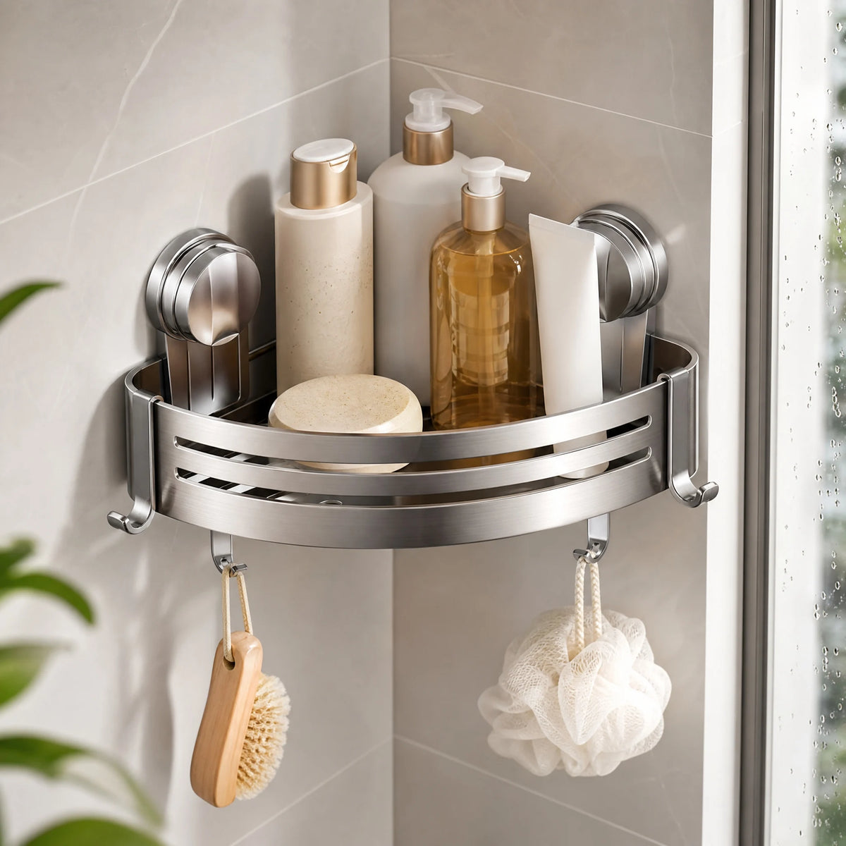Heavy Duty Suction Corner Shower Caddy With Towel Bar