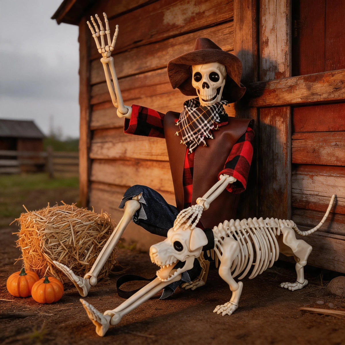 Halloween Cowboy Skeleton and Dog Posable Outdoor Decorations