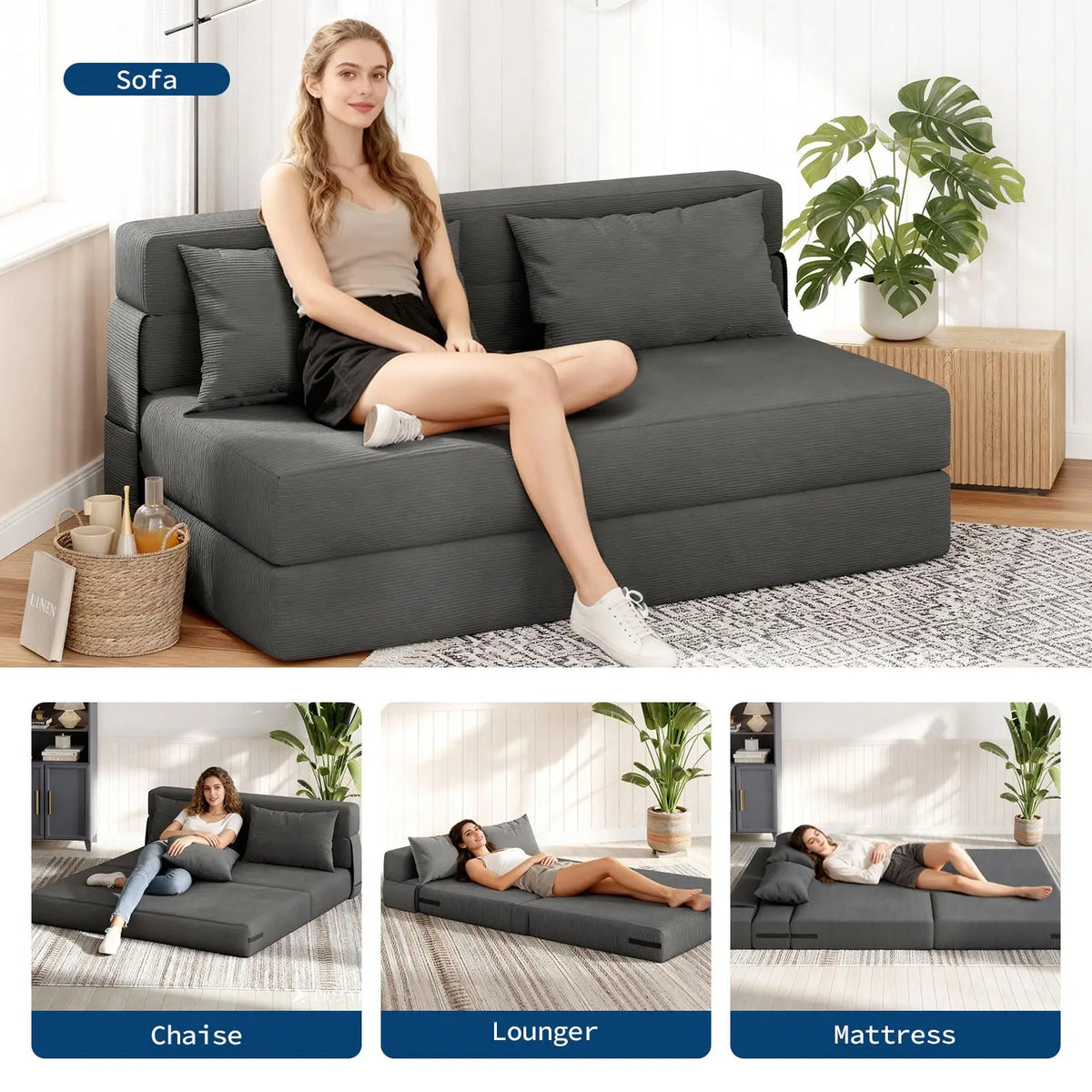 HobbyLane 4-In-1 Folding Sofa Bed Convertible Corduroy Loveseat Couch