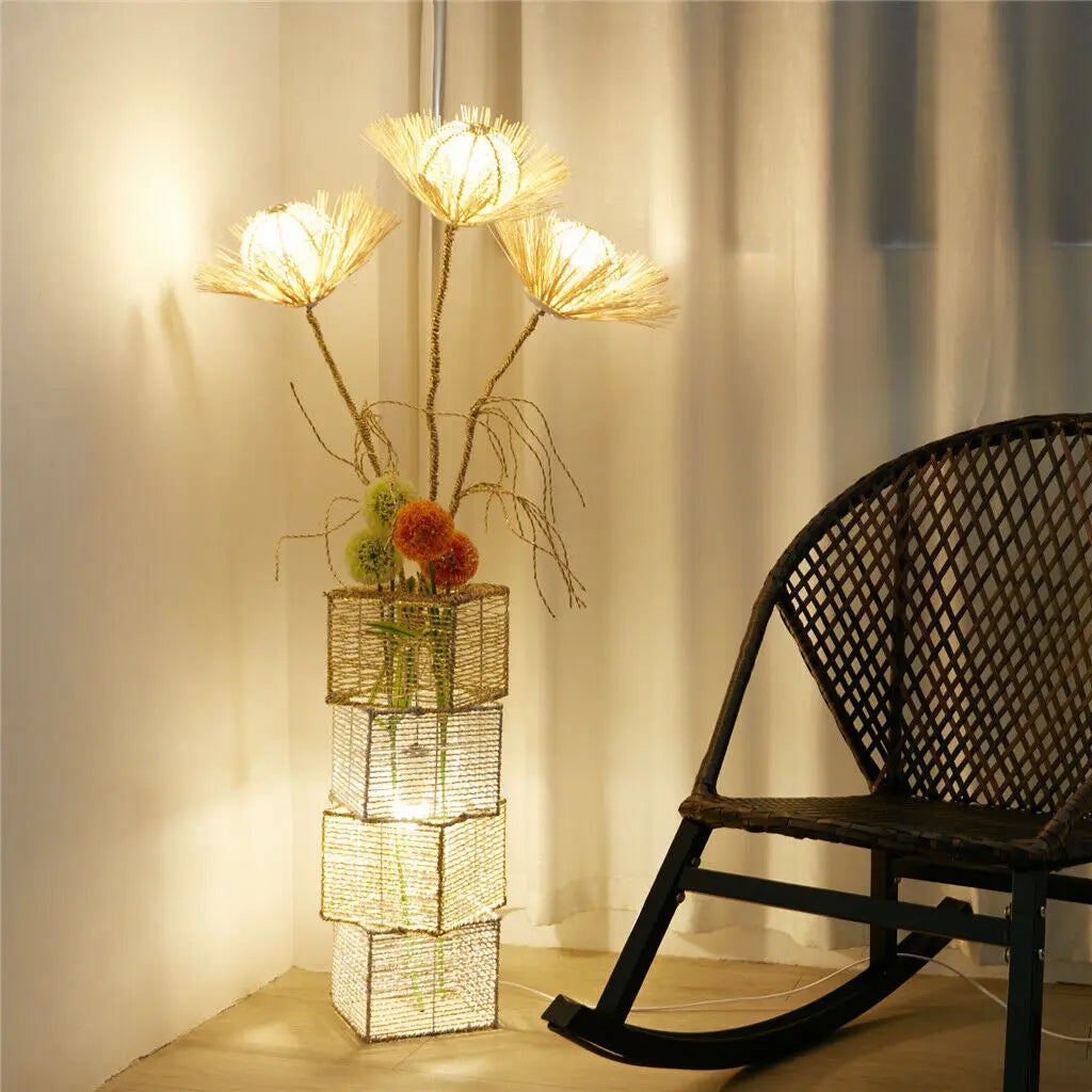 Modern Rattan Standing Floor Lamp Featuring Dimmable LED Flower Design