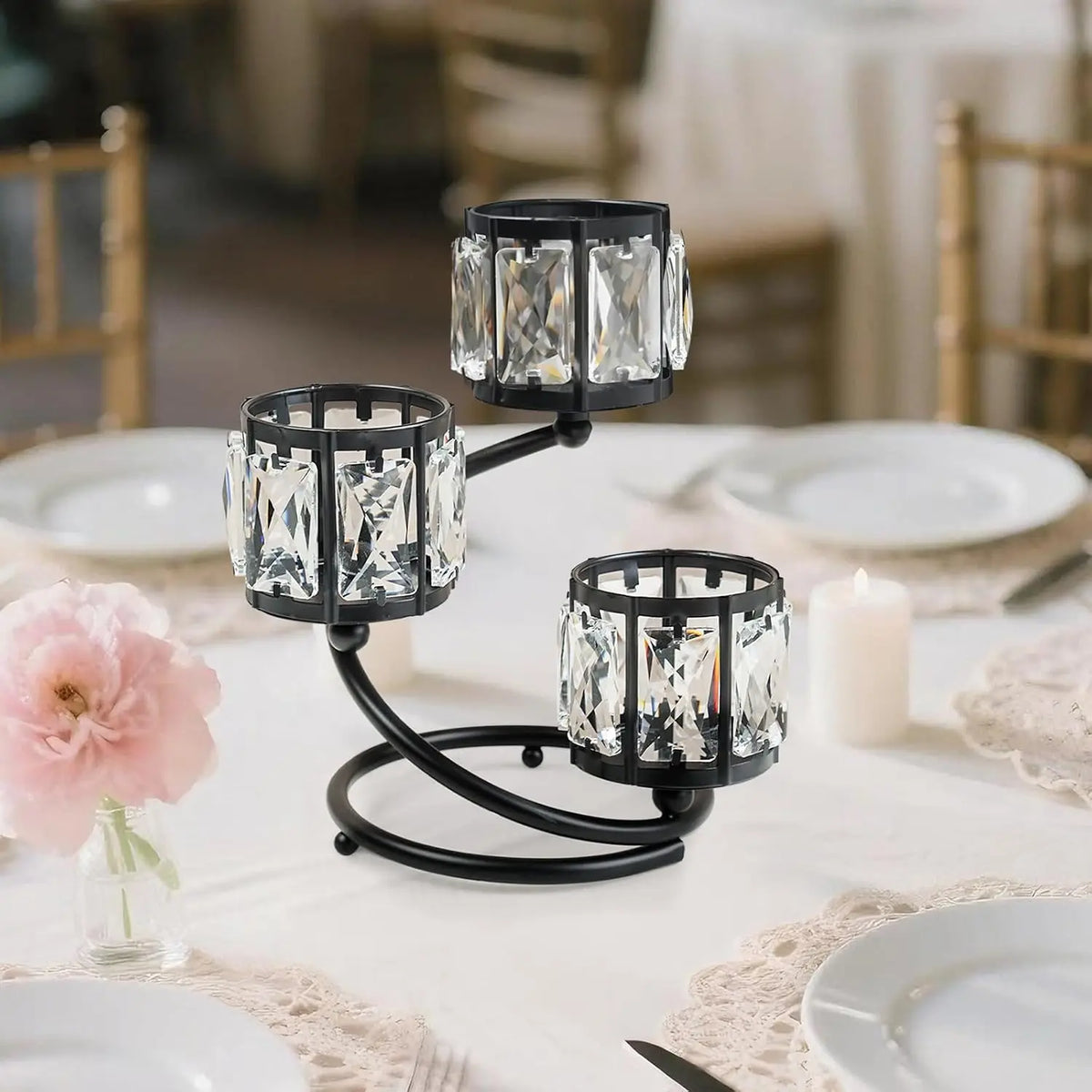 Three Arm Crystal Votive Candle Holder For Home Centerpiece Decor