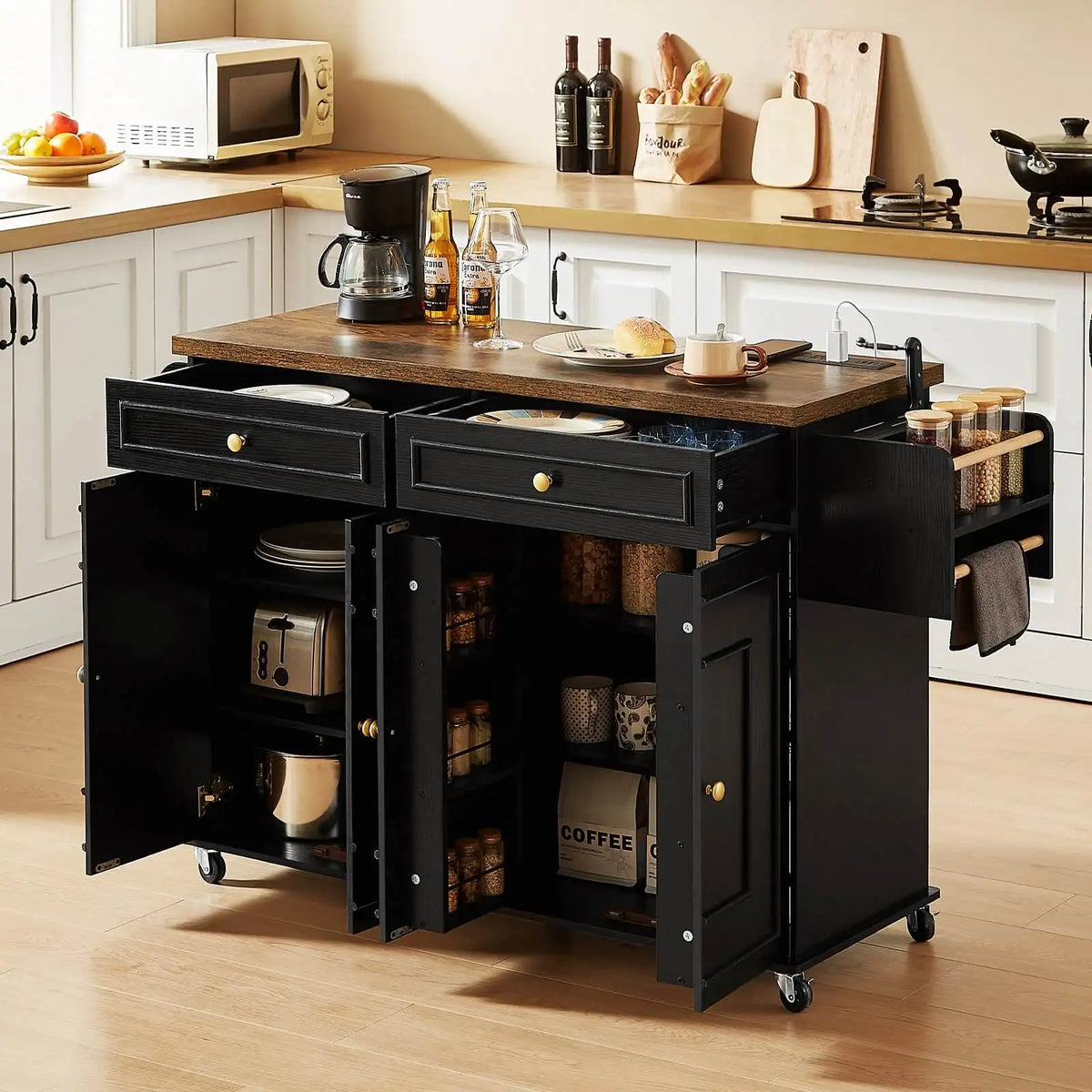 Rolling Wooden Kitchen Island With Drop Leaf And Drawers