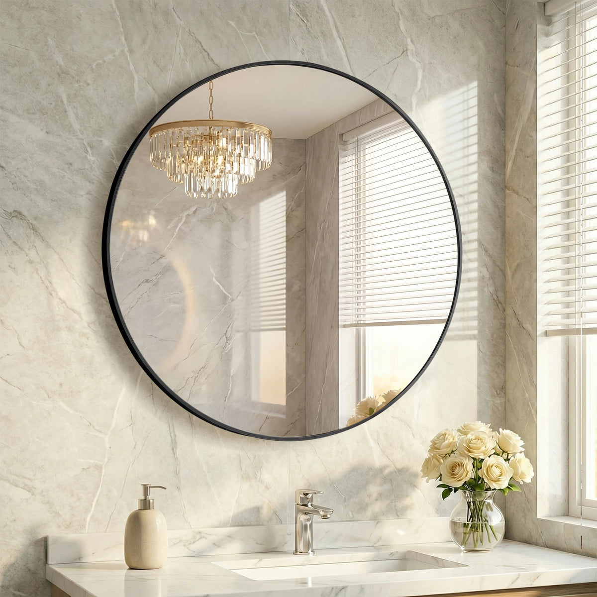 JHK Round Wall Mirror Tempered Glass Waterproof Decorative Design