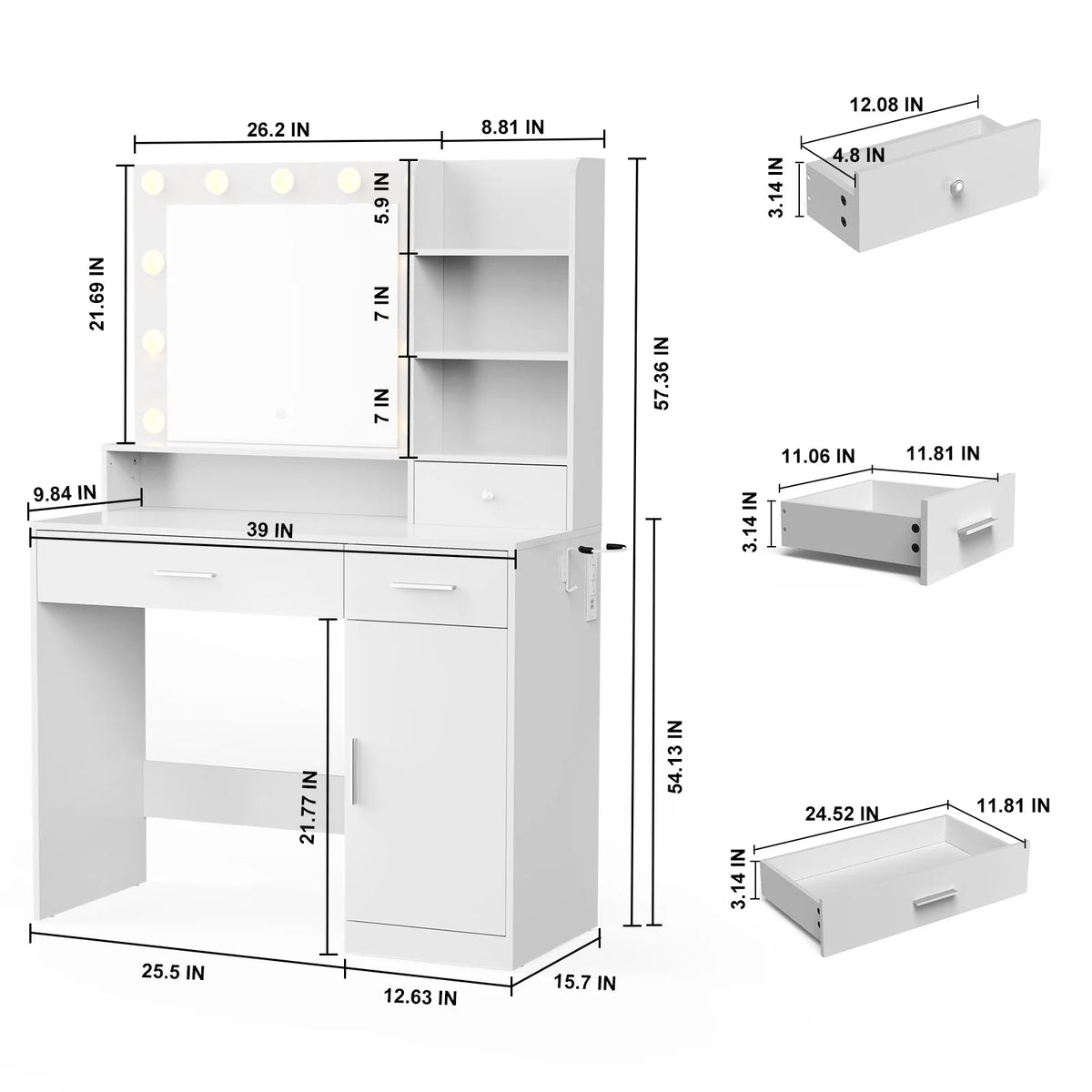 JHK Modern Vanity Desk With Lighted Mirror And Storage Drawers