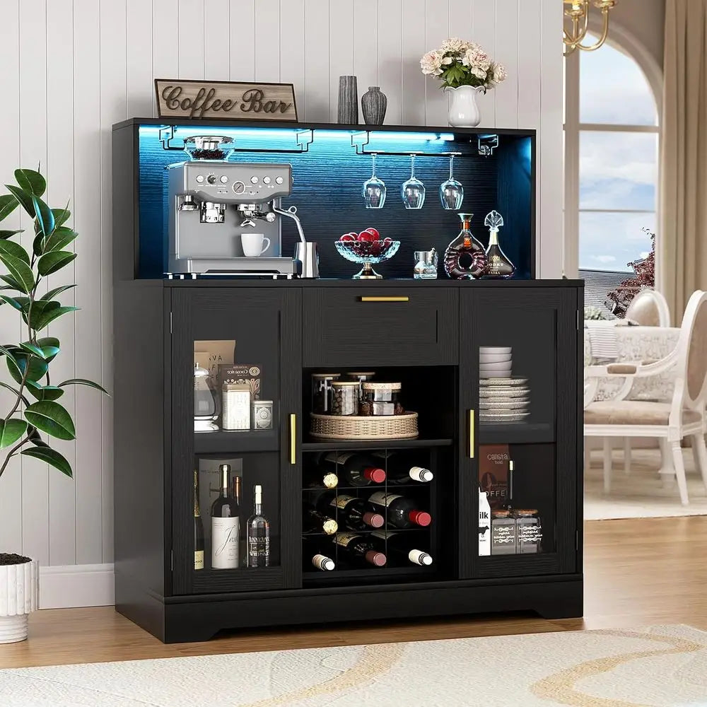 LED Wine Bar Cabinet With Glass Holder And Storage Rack