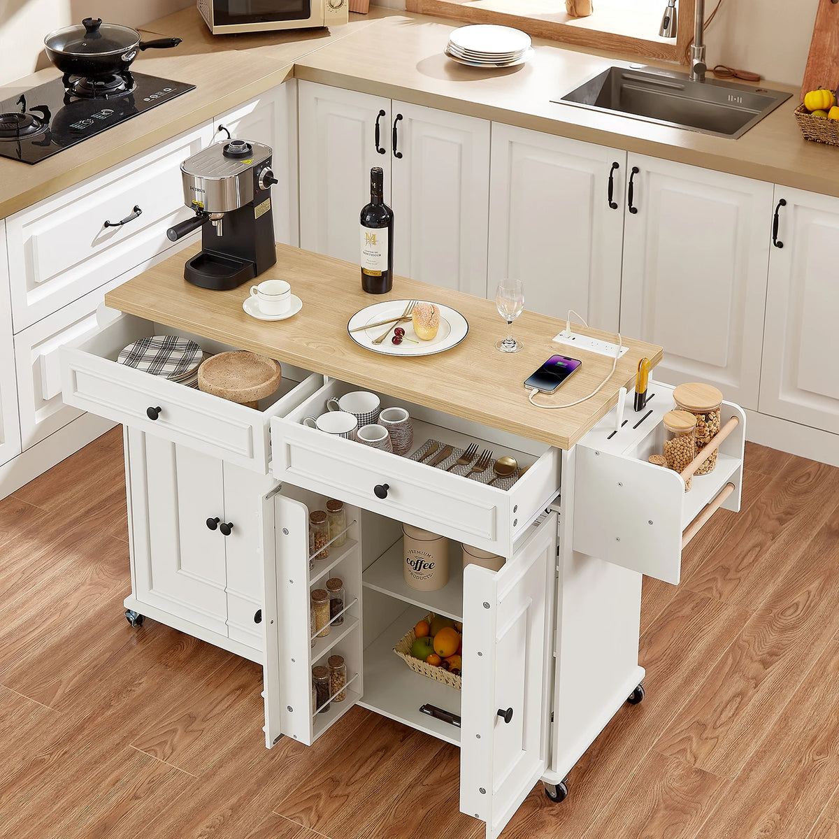 Rolling Wooden Kitchen Island With Drop Leaf And Drawers
