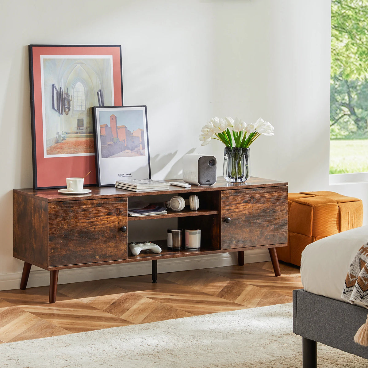 JHK Modern Wooden Fireplace TV Stand With Storage Compartments
