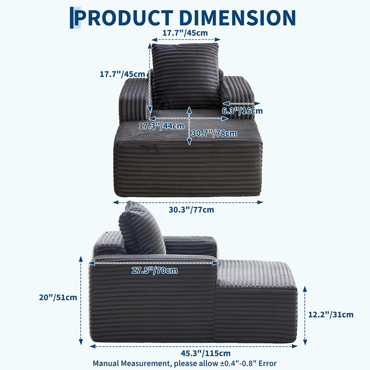 HiMISS Modern Chaise Lounge Sofa With Wide Armrests And Pillow