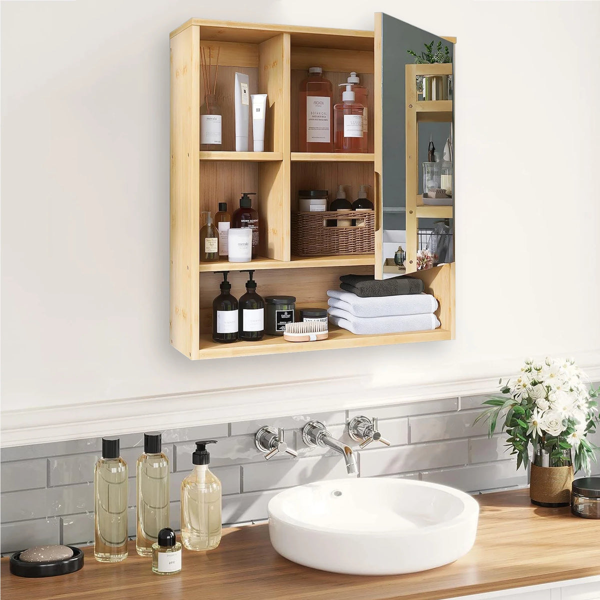 Natural Bamboo Wall Medicine Cabinet With Mirror And Five Shelves