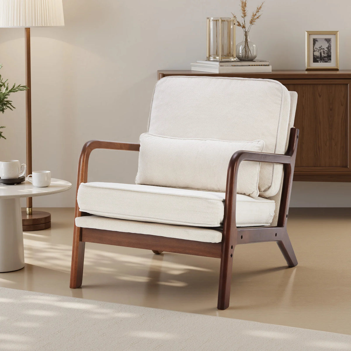 JHK Mid Century Modern Wooden Accent Chair With Fabric Cushions