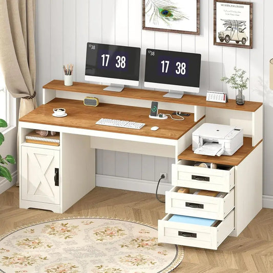 Computer Desk With Storage Cabinet Printer Stand And Power Outlets