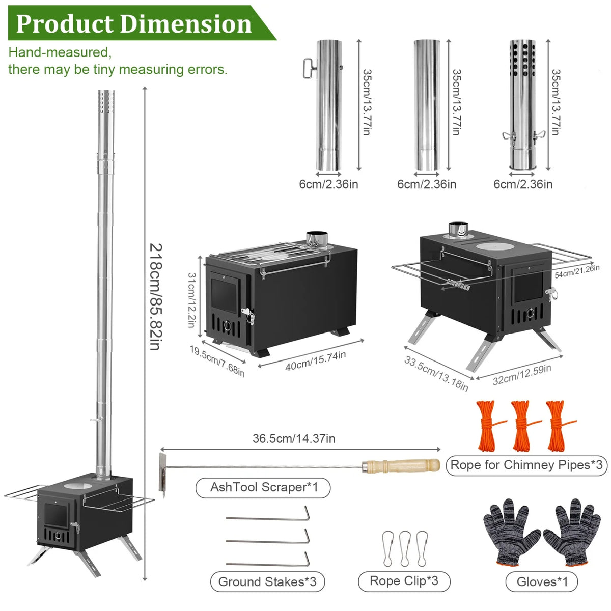 Portable Stainless Steel Wood Burning Stove With Seven Chimney Pipes