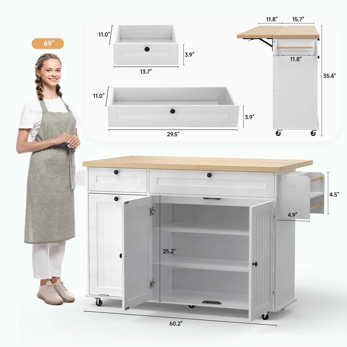 Onbrill Rolling Kitchen Island With Storage Cabinet And Power Outlet