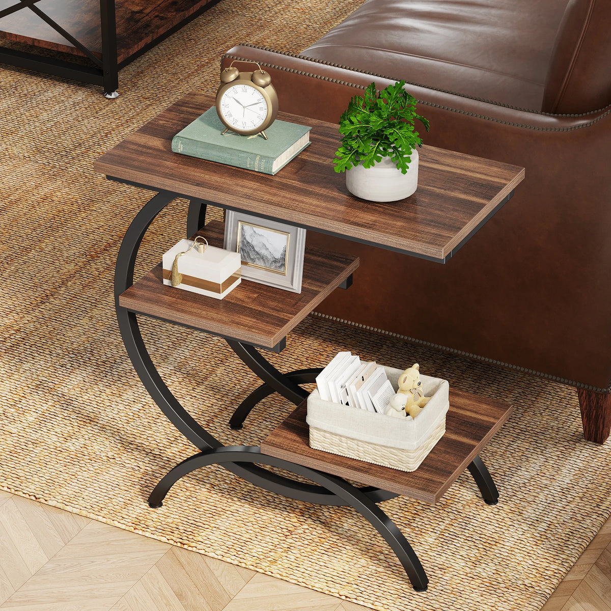 Tribesigns Industrial C Shaped End Table With Open Storage Shelf