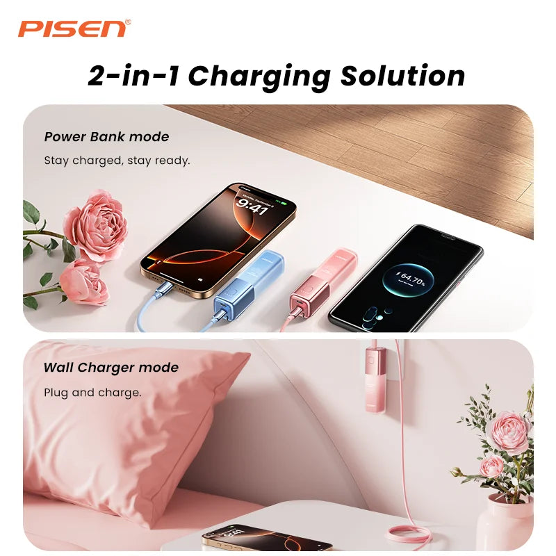 Pisen 30W 5000mAh Portable Travel Power Bank With Cable