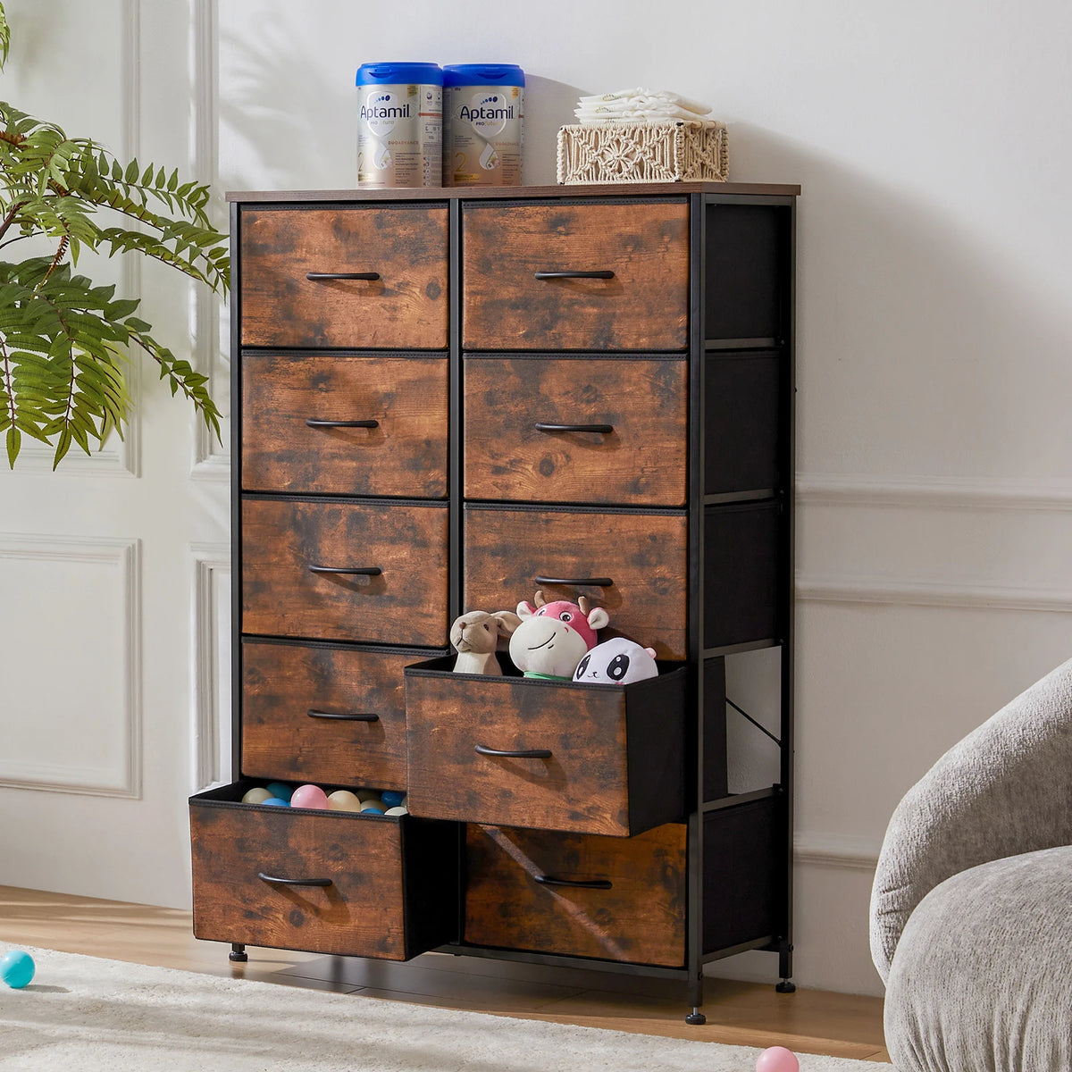 JHK Steel Frame Bedroom Dresser With Fabric Storage Drawers