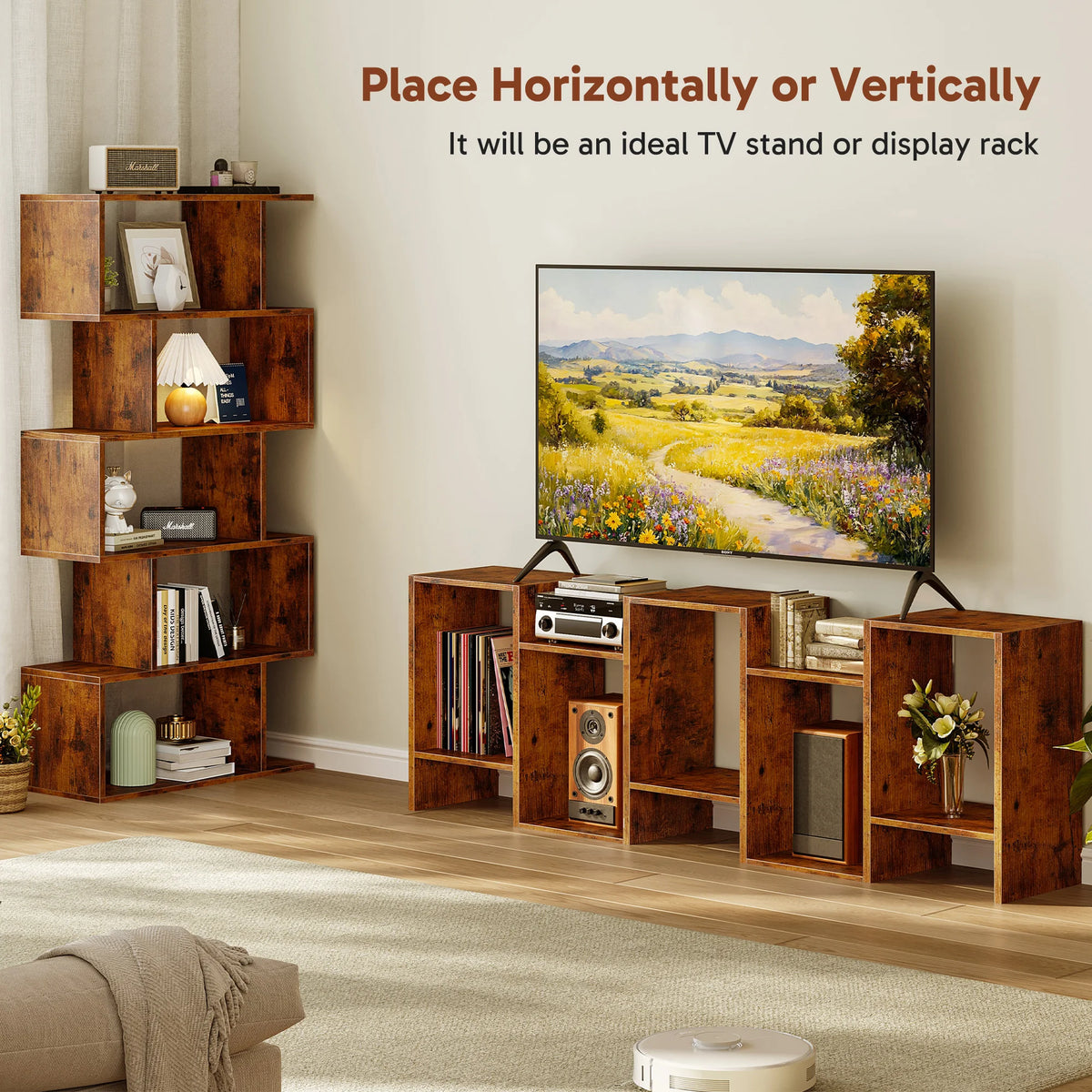 JHK Modern Five Tier S Shape Wooden Geometric Bookcase