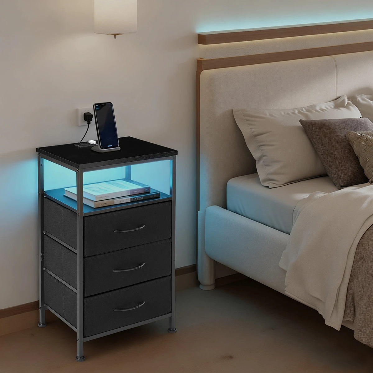 JHK Modern 3 Drawer Bedside Table With USB Charging Station