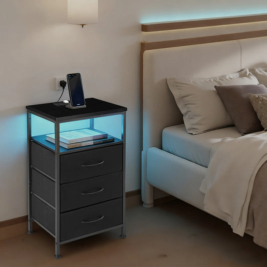 JHK Modern 3 Drawer Bedside Table With USB Charging Station
