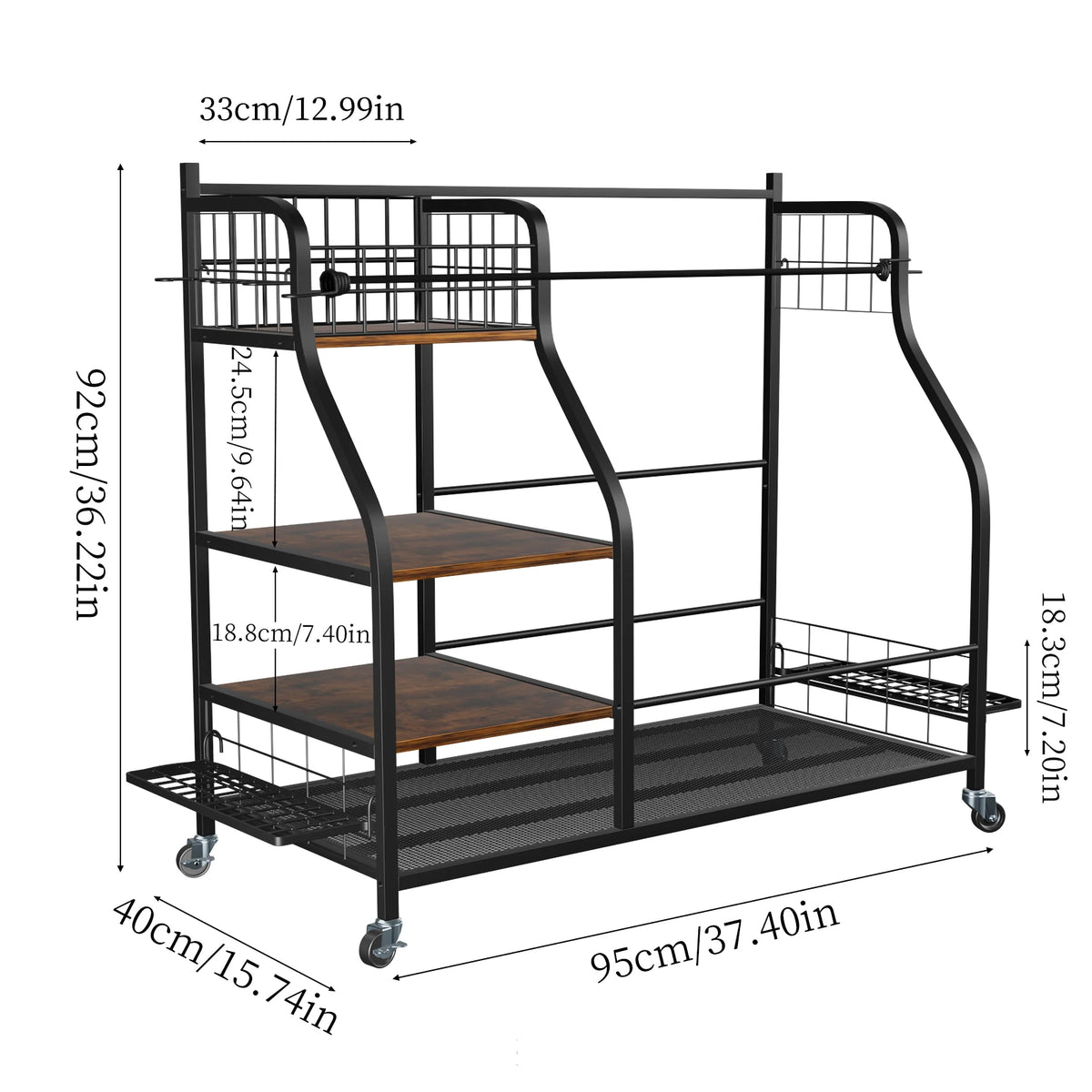 Three Tier Rolling Metal Storage Rack For Sports Gear