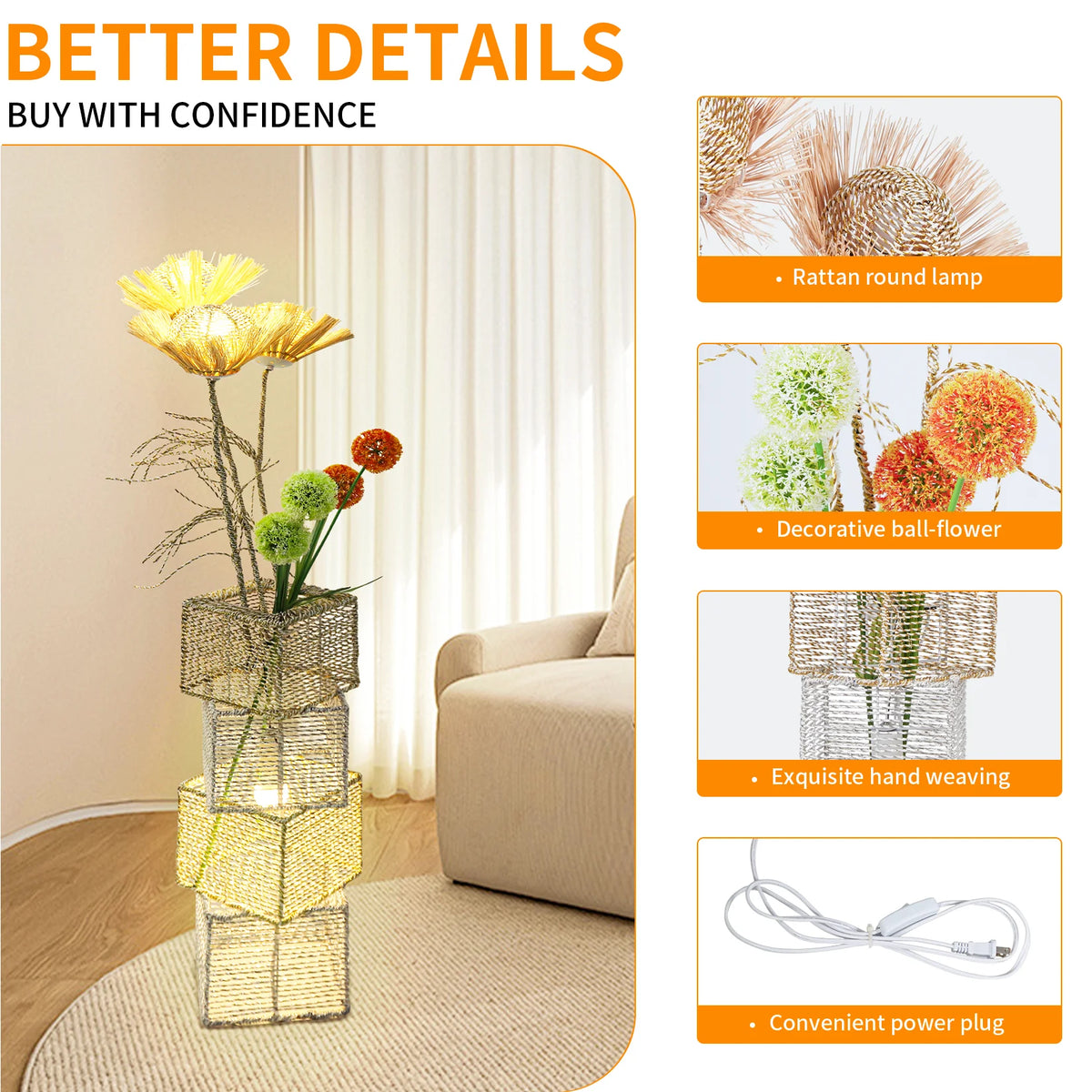 Modern Rattan Standing Floor Lamp Featuring Dimmable LED Flower Design